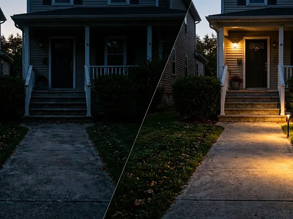 Split view of a house porch, dark on one side and warmly lit at dusk