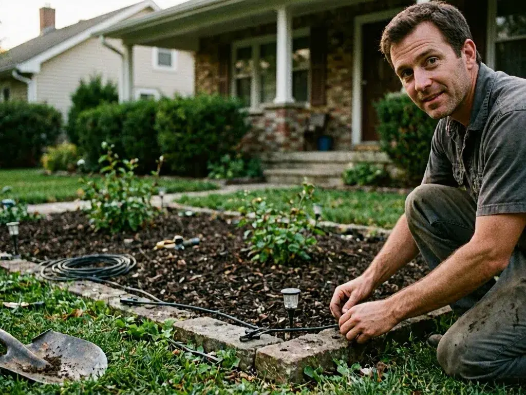 Man kneels in a garden adjusting a black irrigation hose near plants