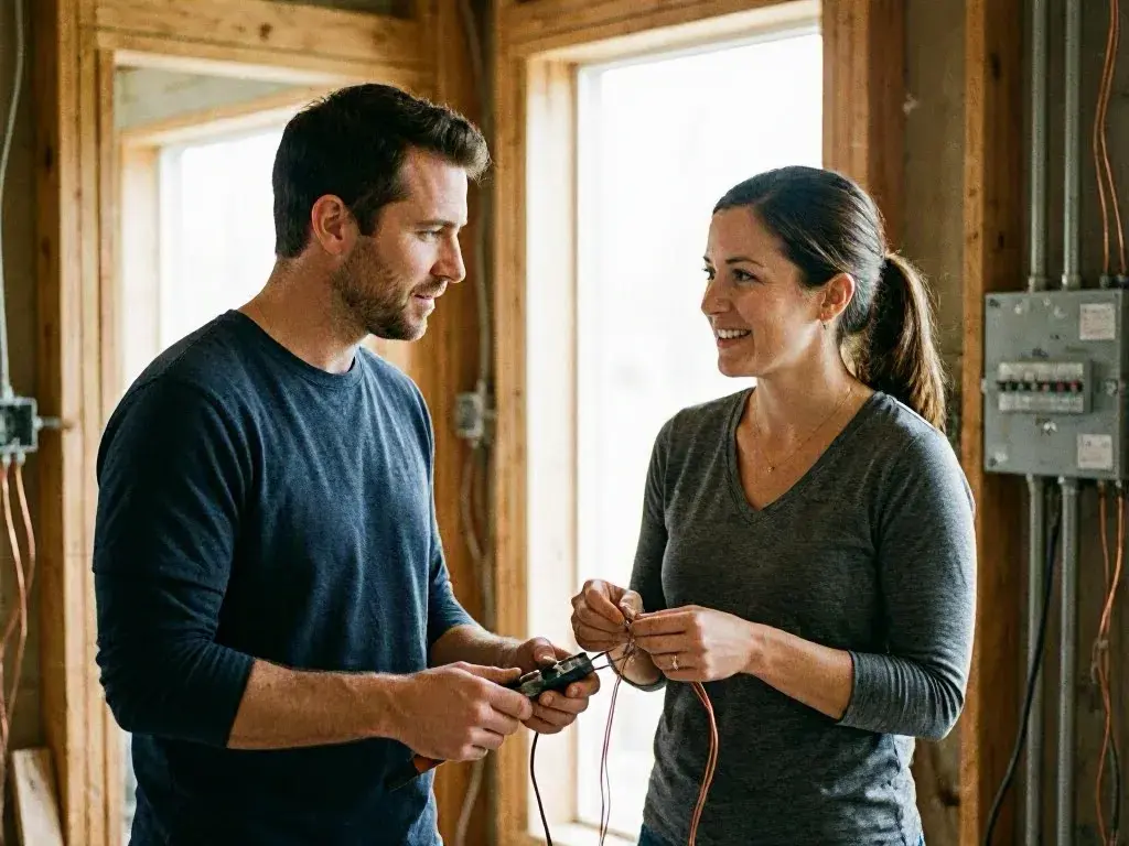 Man and woman discussing electrical wiring and tools inside a framed room near