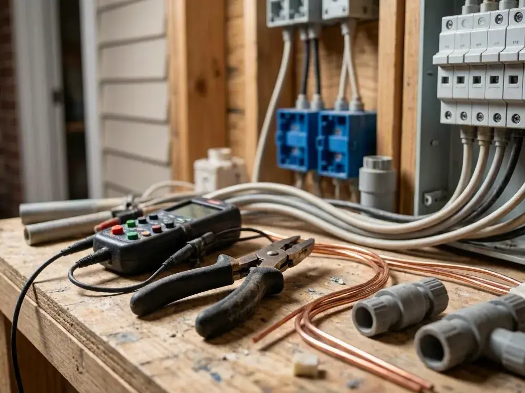 Electrical tools and copper wires beside an open circuit panel on a workbench