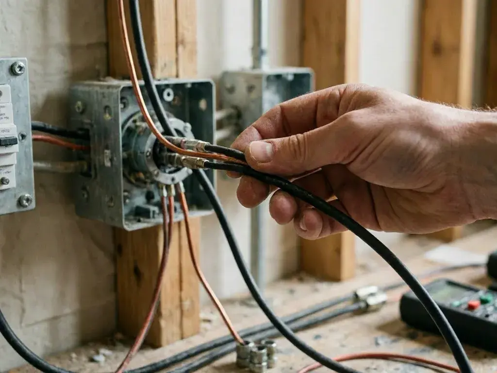 Hand holding electrical wires near a wall-mounted junction box in an unfinished