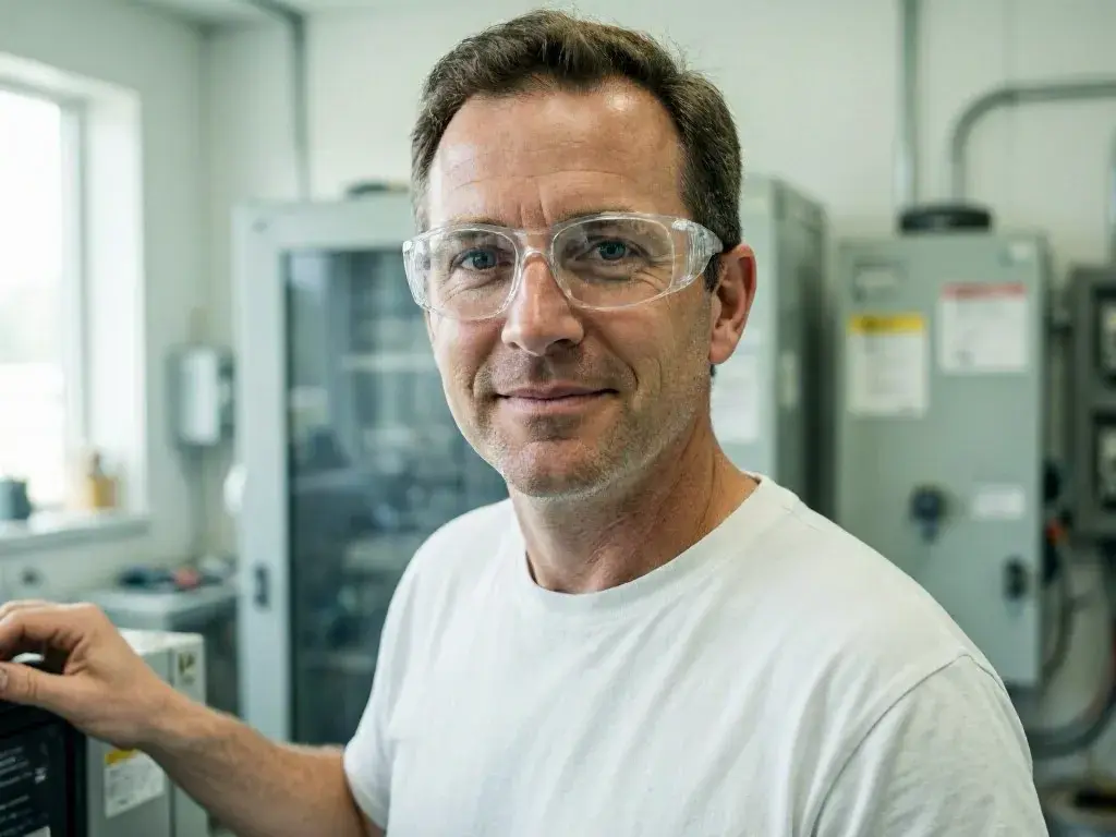 Man wearing safety glasses touches electrical testing equipment in a laboratory
