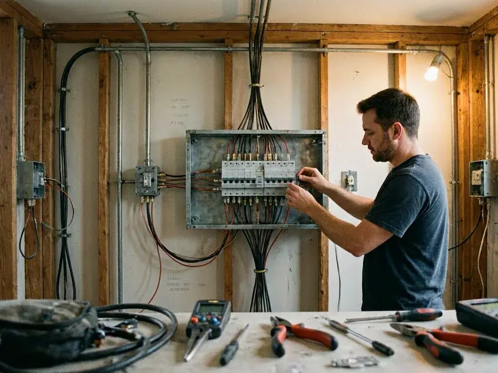 Electrician adjusting wiring inside an open panel in a framed wall with tools