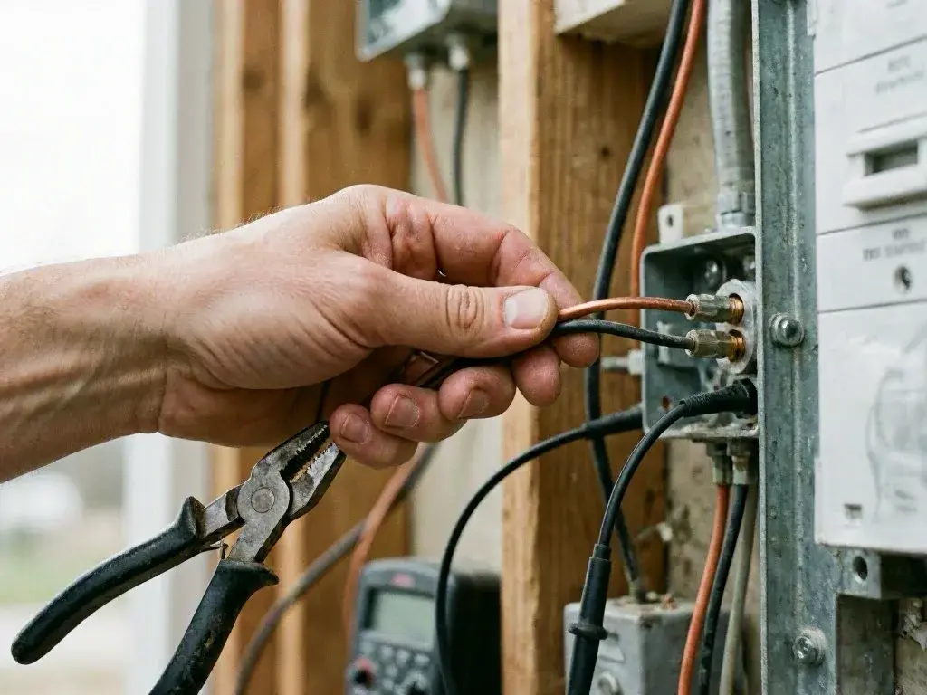 Hand connecting wires to an electrical panel with pliers in a wooden work area