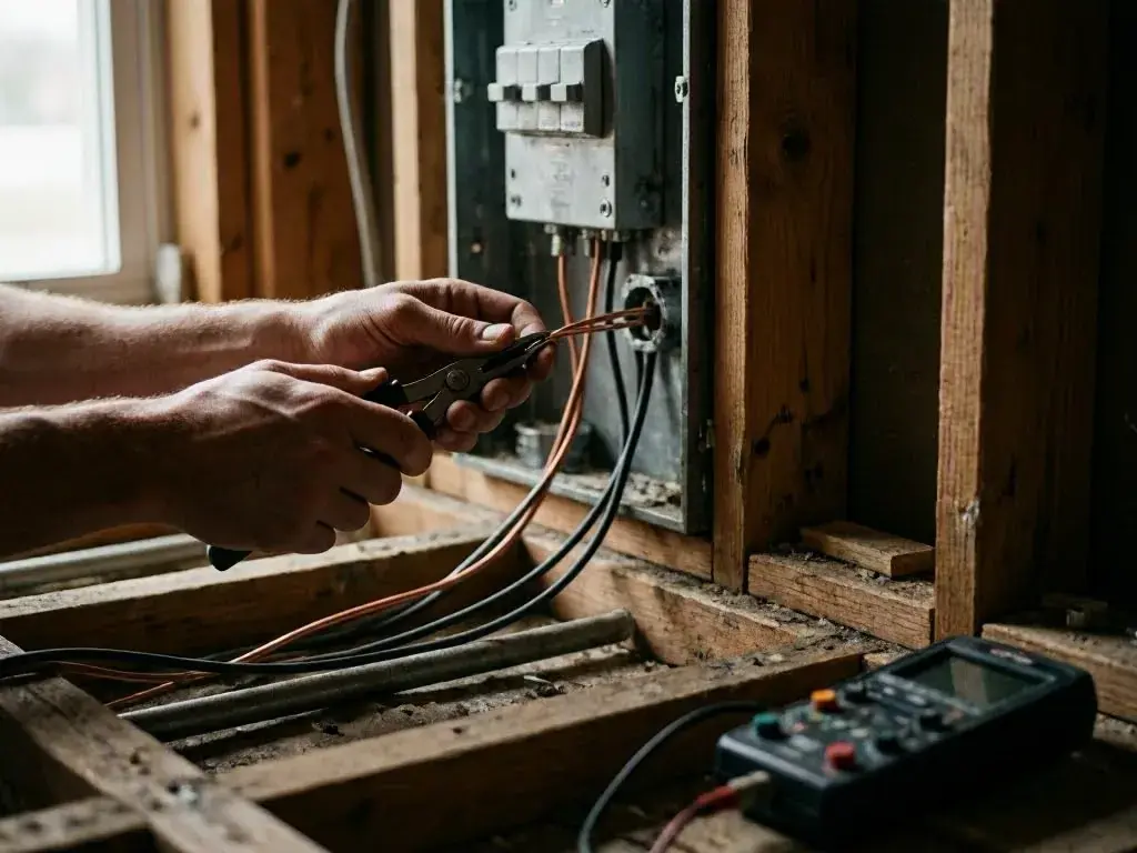 Hands stripping electrical wires with pliers beside a panel inside an