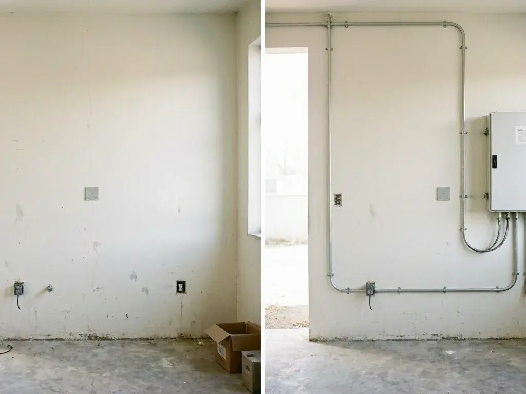 Unfinished room with bare walls, exposed wiring, conduit, and cardboard box