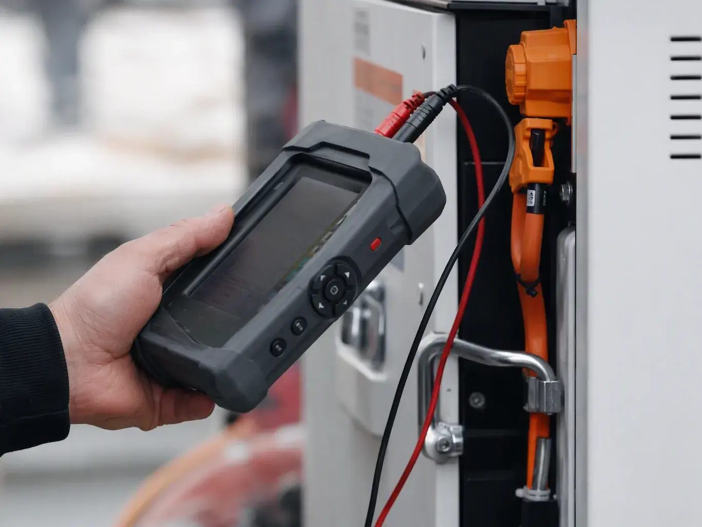 Handheld tester checks orange electrical wiring inside an open equipment cabinet