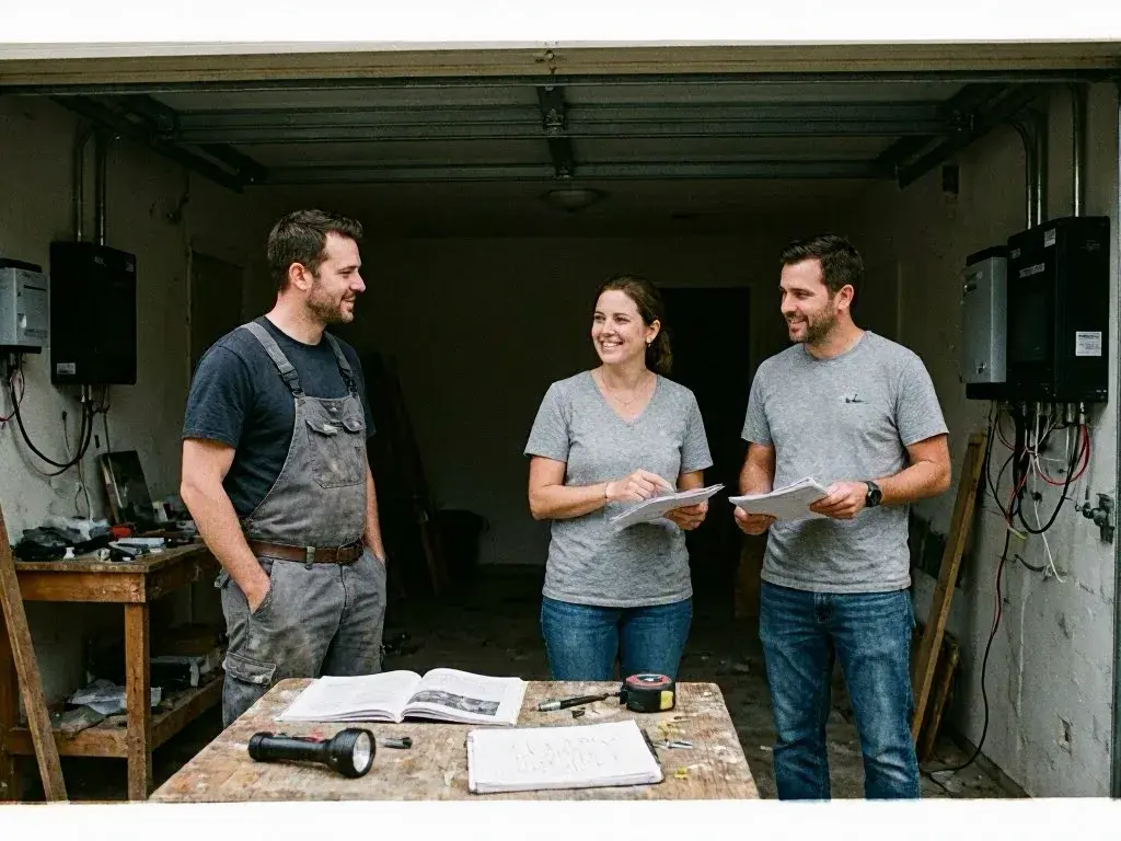 Three people review documents beside a cluttered workbench in an open garage