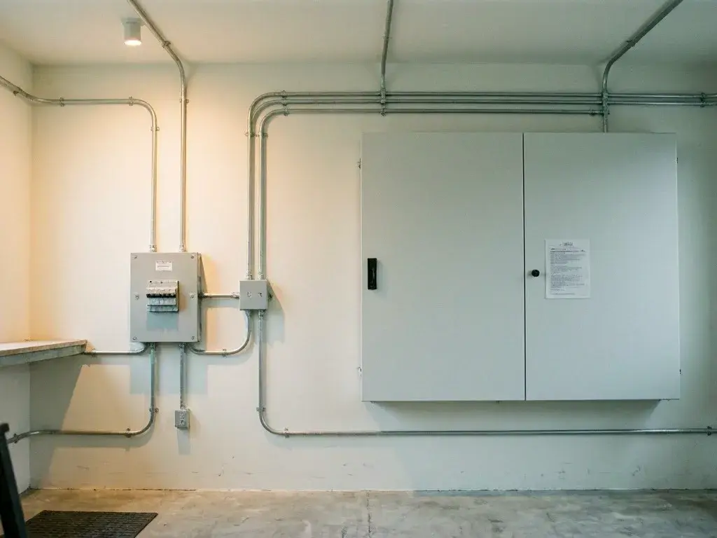 An empty utility room shows electrical panels, metal conduit pipes, and a concrete floor