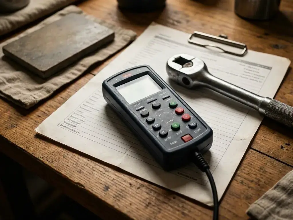 Digital electrical tool and metal wrench rest beside a clipboard form on a