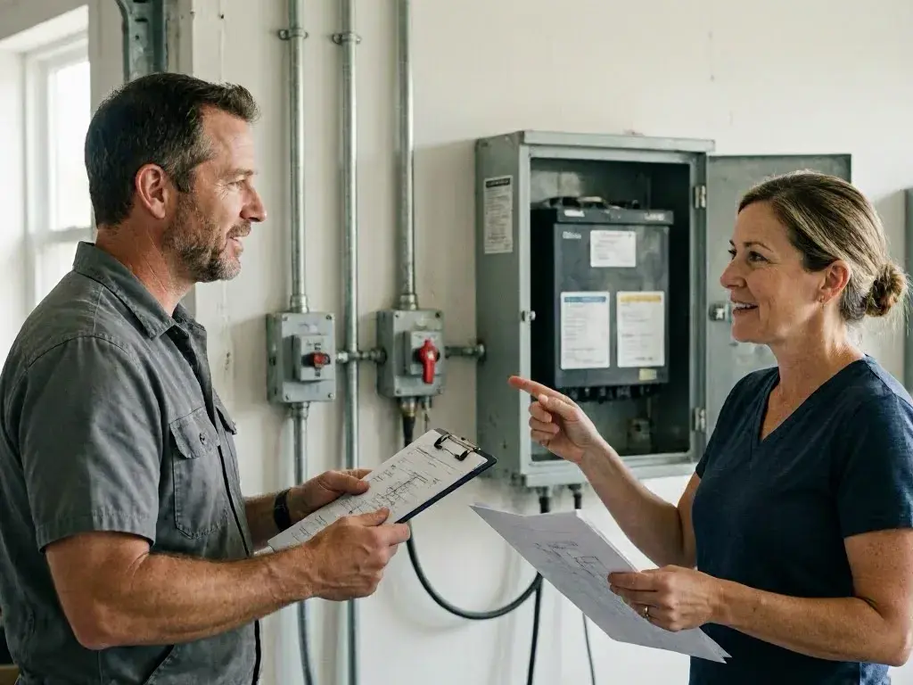 Two adults review paperwork beside electrical panels and metal conduit in a