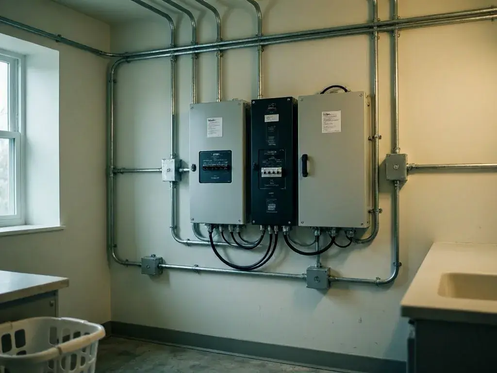 Three electrical panels and metal conduit installed in a utility room beside a