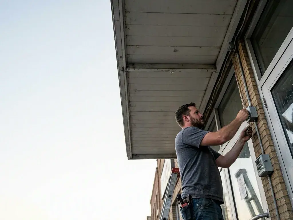 Electrician works on wiring beside a brick building beneath a covered awning