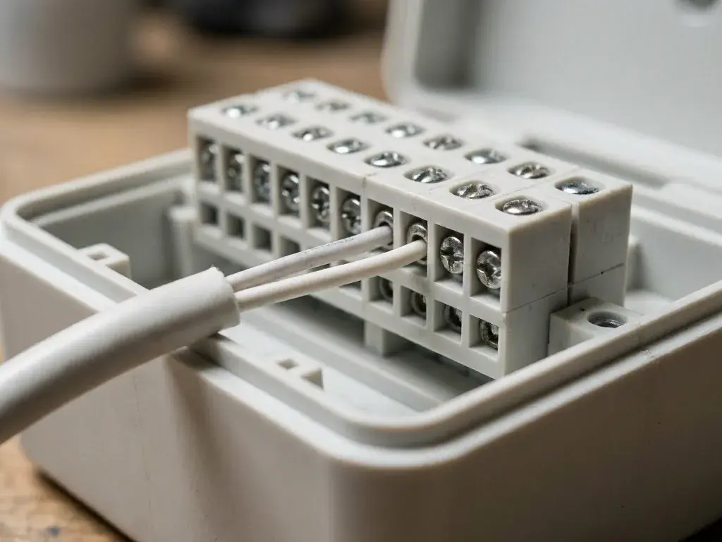 White electrical terminal block connects two wires inside a plastic box on a