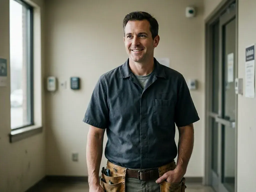 Smiling electrician wearing a tool belt stands in a hallway near doors and