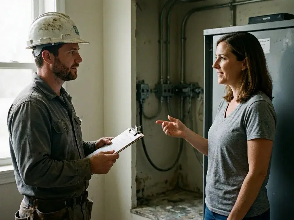Hard hat worker holding a clipboard talks with a woman in an industrial room