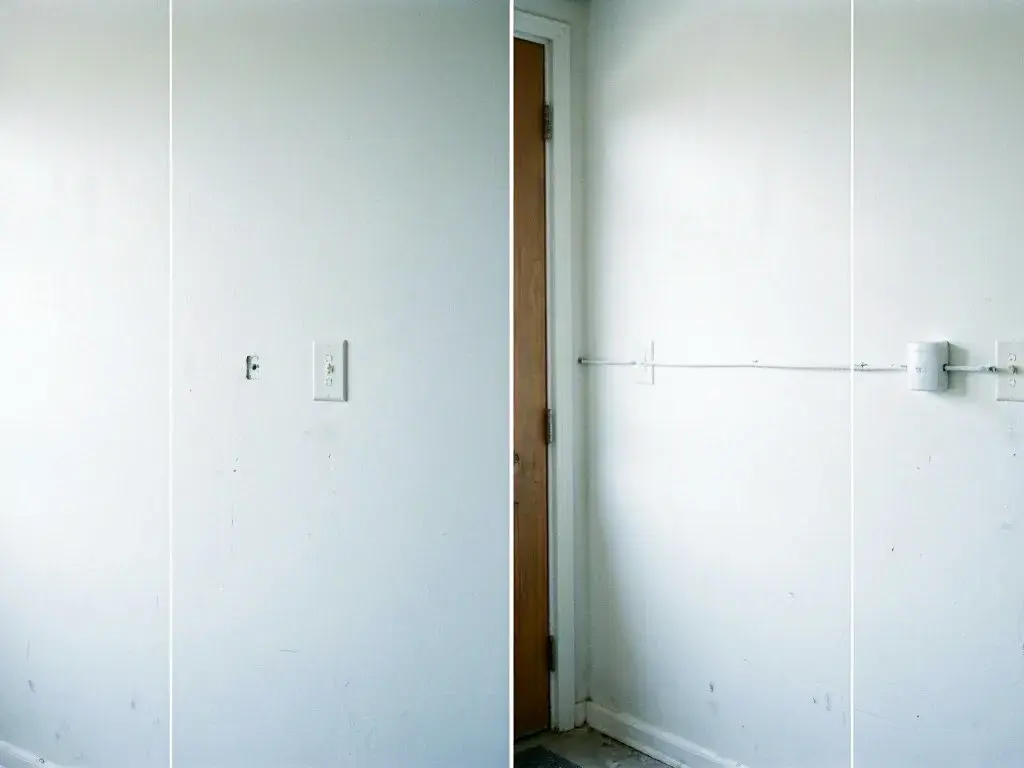 Empty white room with wall outlets, exposed cable conduit, and a partly open