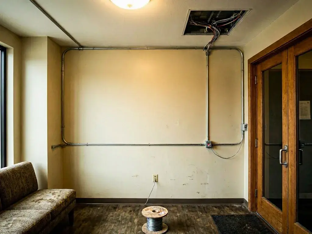 An empty room shows exposed wiring, a ceiling opening, a couch, and wood-framed glass doors