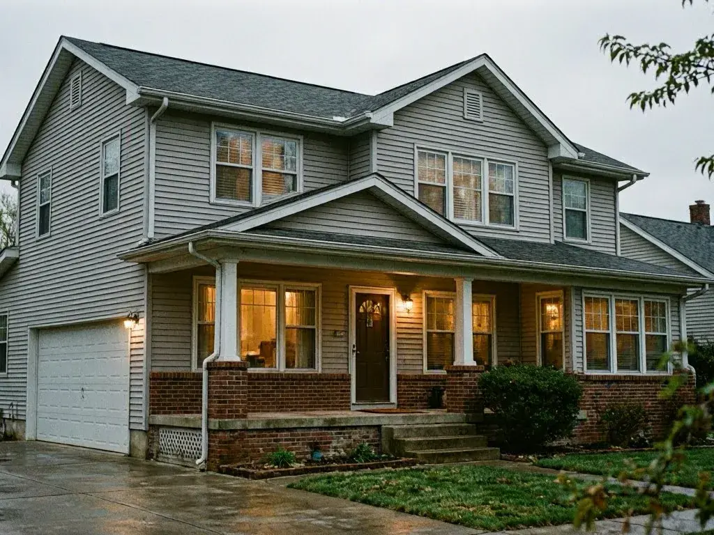 Two-story gray suburban house with a front porch and warm lights glowing at dusk