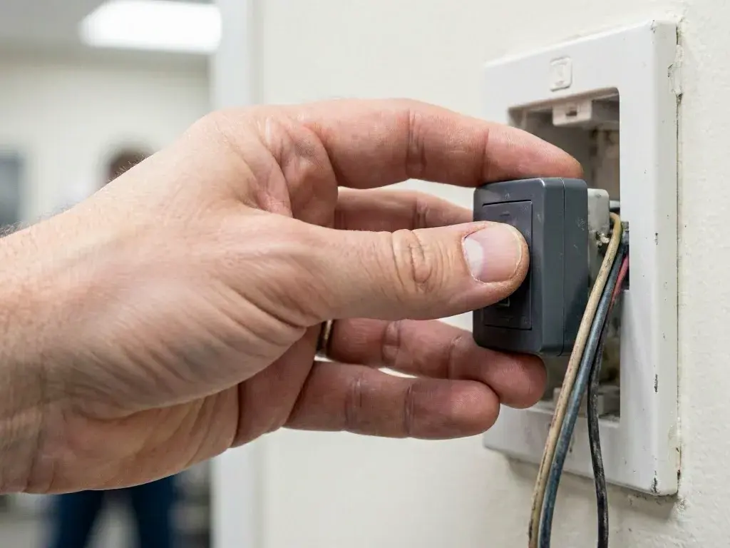 Hand installing a dark electrical switch into an open wall plate with exposed