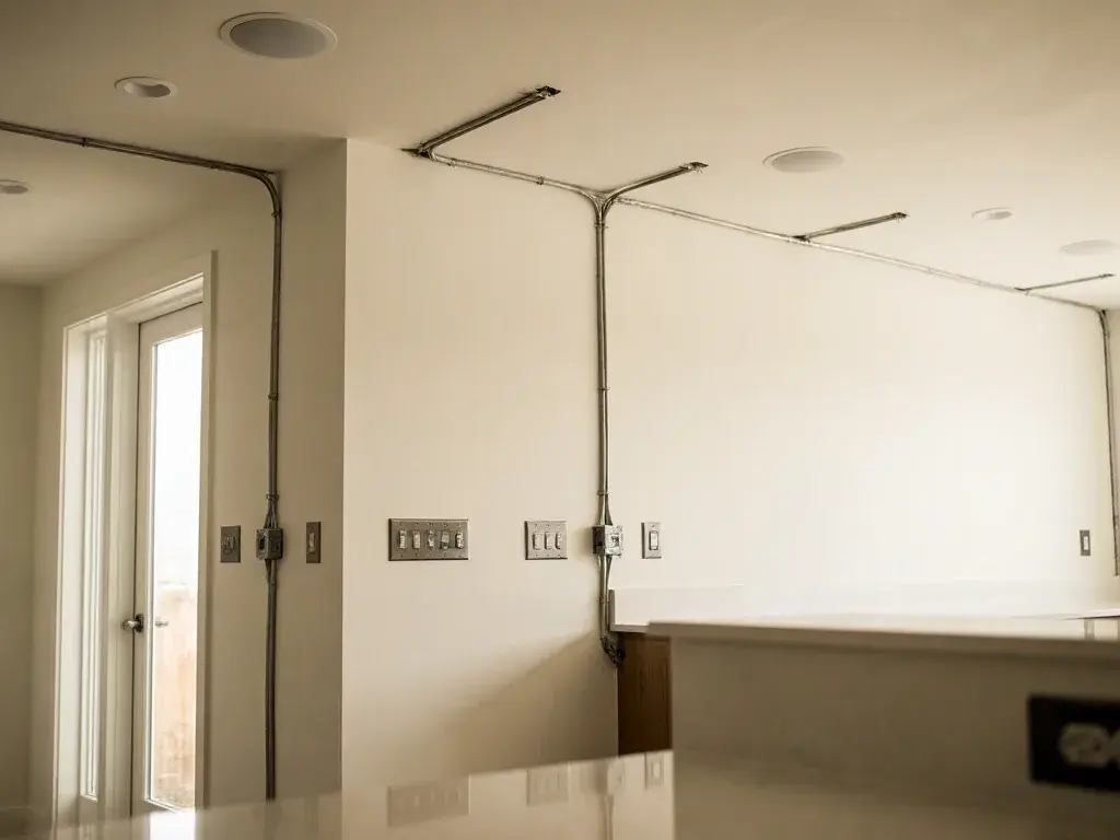 Empty room with white walls, exposed electrical conduit, ceiling lights, and a doorway letting in daylight