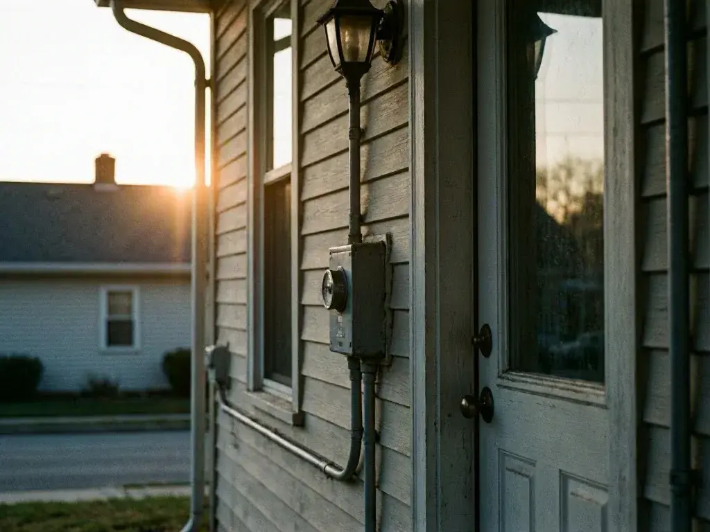 House exterior with siding, electric meter, wall light, and glass entry door