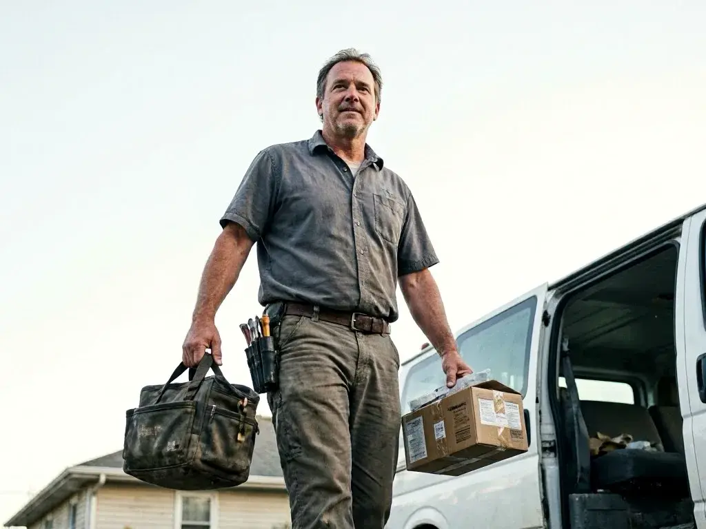 Electrical repair worker carrying a tool bag and box beside a white van