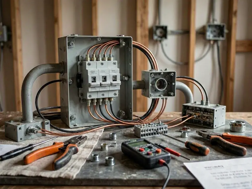 Electrical wiring and tools sit on a workbench in an unfinished room with exposed wall studs