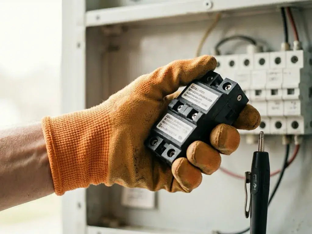 A gloved hand holds a black electrical breaker beside an open circuit panel with wires and switches