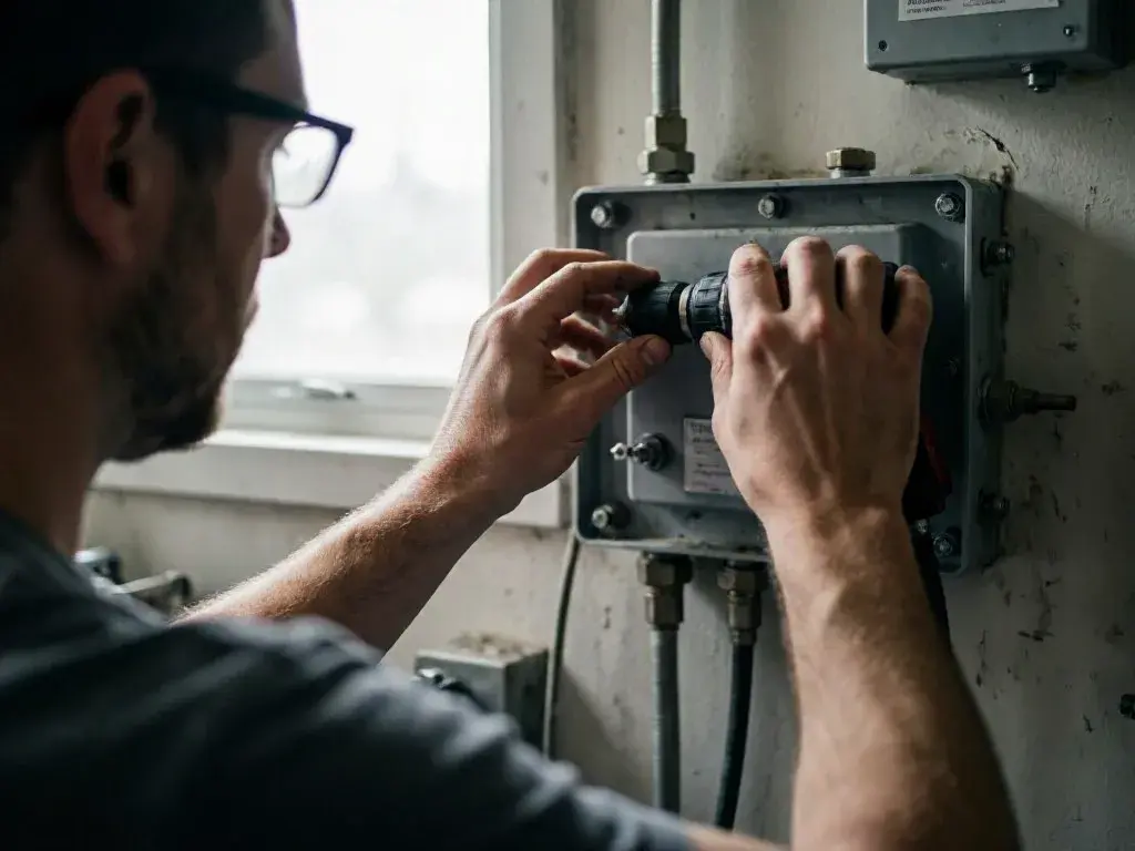 Technician adjusting a wall-mounted electrical box beside a bright window