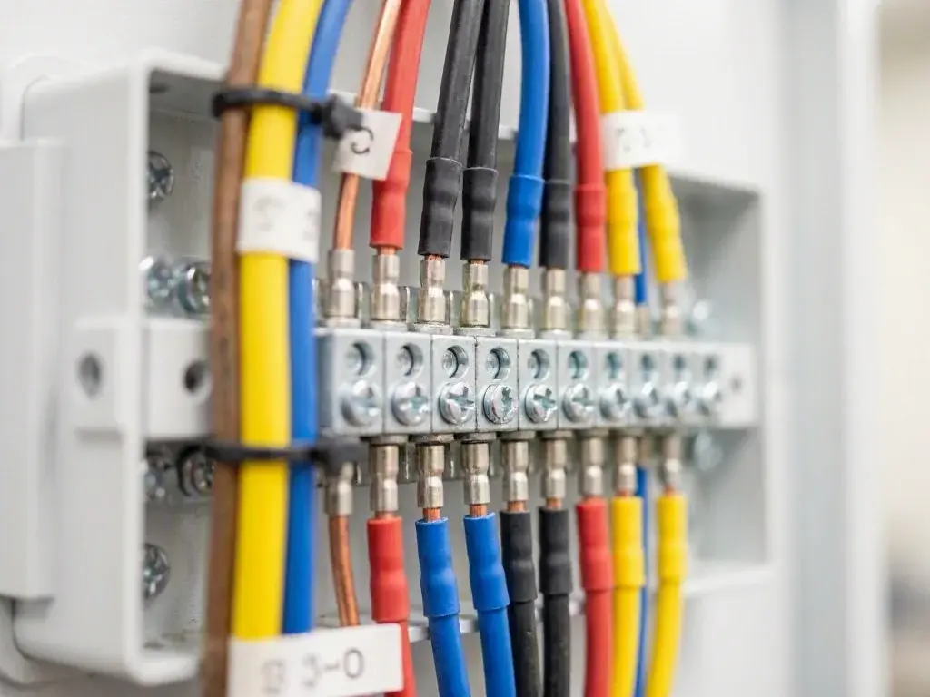Color-coded electrical wires connected to a metal terminal block inside a