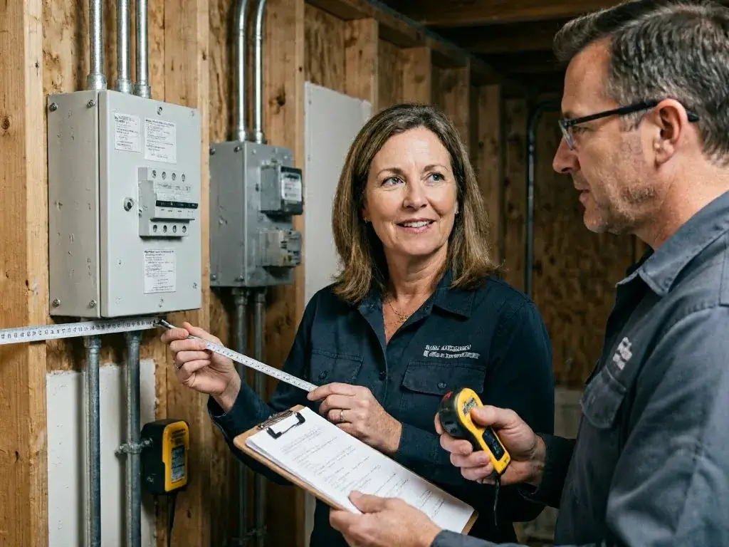 Two inspectors measuring an electrical panel in a wooden utility room with tools