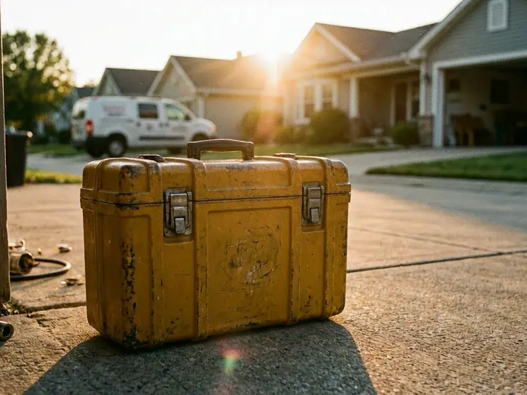 A worn yellow toolbox rests on a driveway outside suburban houses at sunset