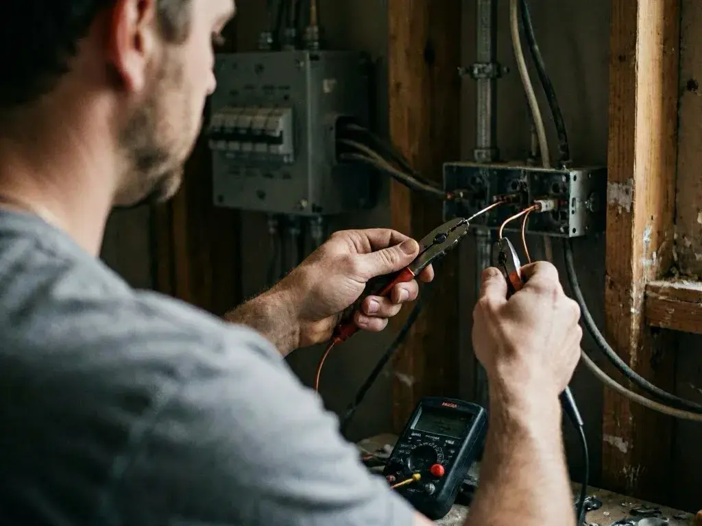 A man uses pliers to work on exposed electrical wiring inside a wall cavity