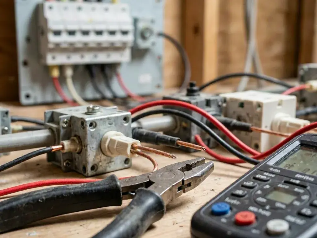 Pliers and a digital multimeter sit beside exposed electrical wiring on a
