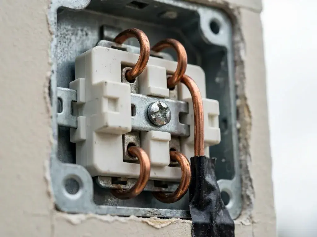 Close-up of an exposed wall switch with copper wires and a taped connector inside a metal box