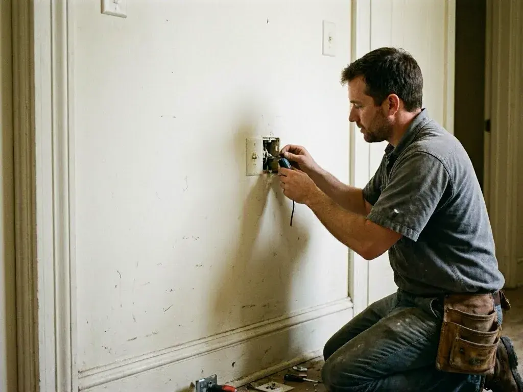 Electrician kneels indoors using a hand tool on exposed wiring beside a wall