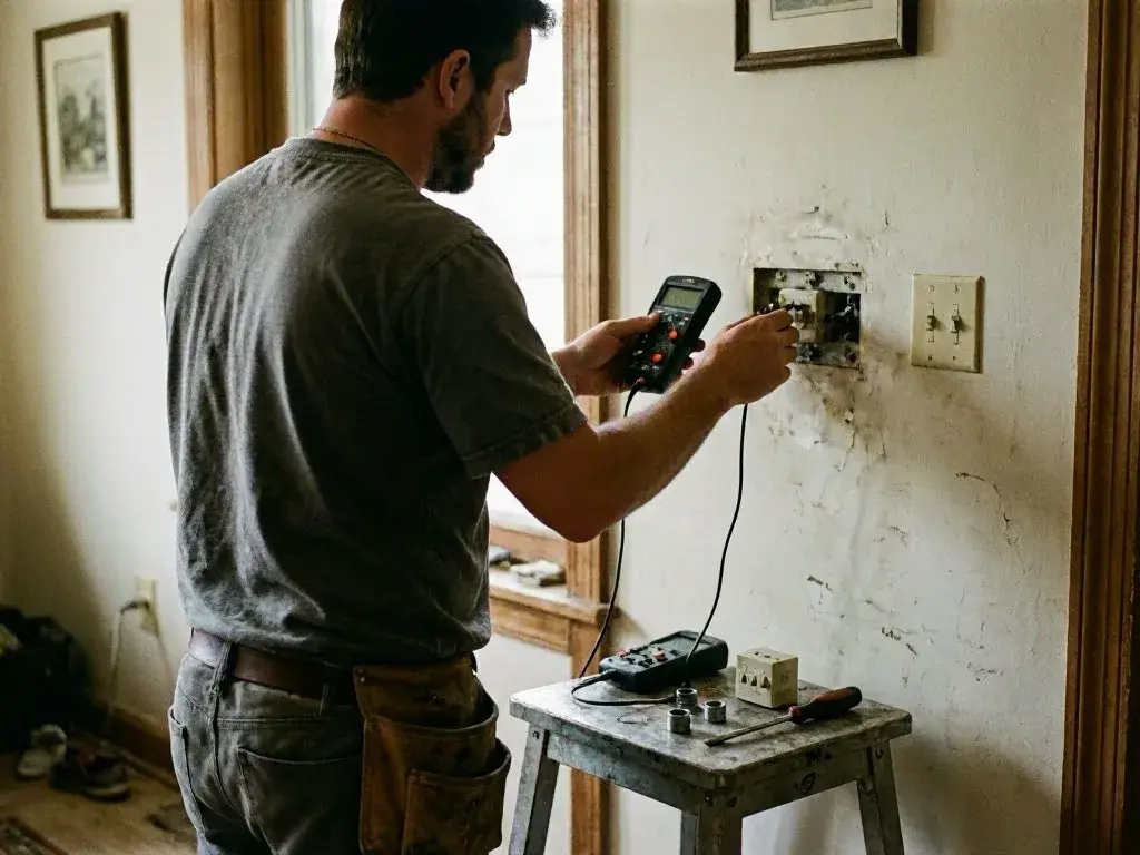 Electrician tests an exposed wall outlet with a meter inside a worn interior