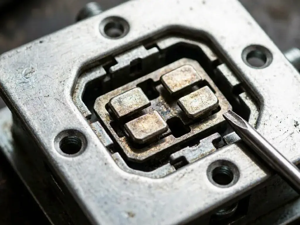 Close-up of a corroded electrical connector with four square contacts and a