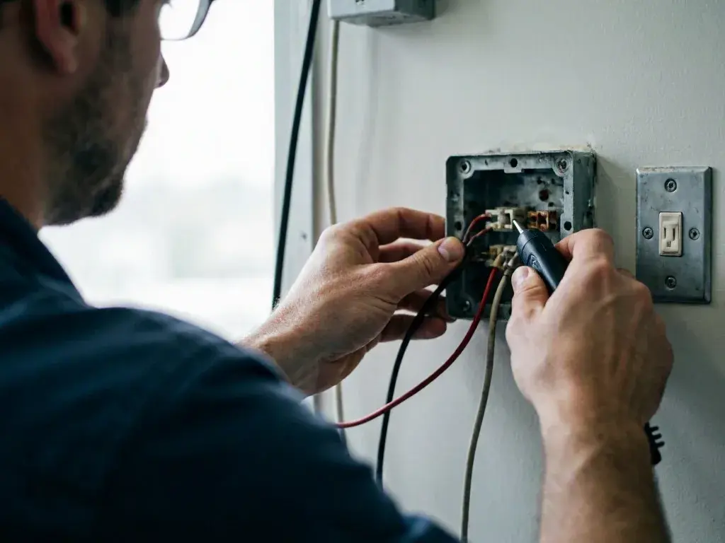 Electrician tests exposed wall wiring beside a light switch panel