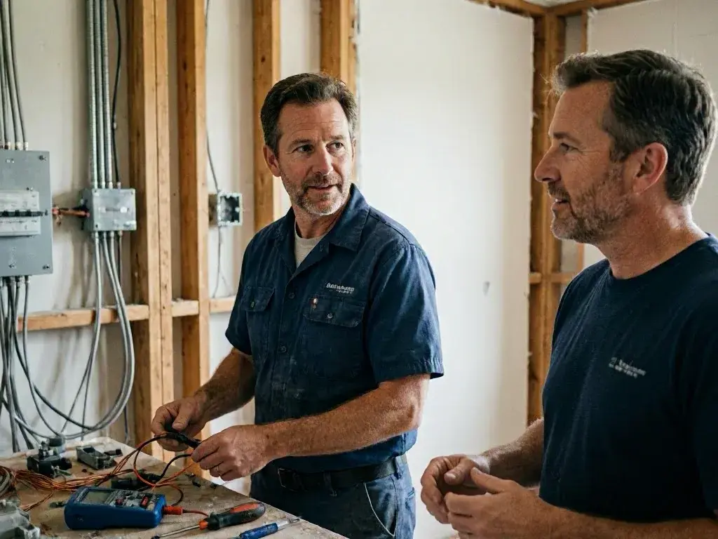 Two electricians inspect wiring near breaker boxes in an unfinished room with