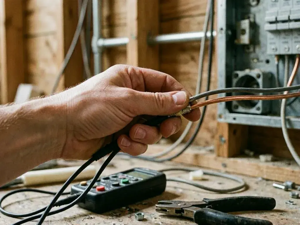 Hand holds exposed electrical wires beside a wall panel and tools on a workbench