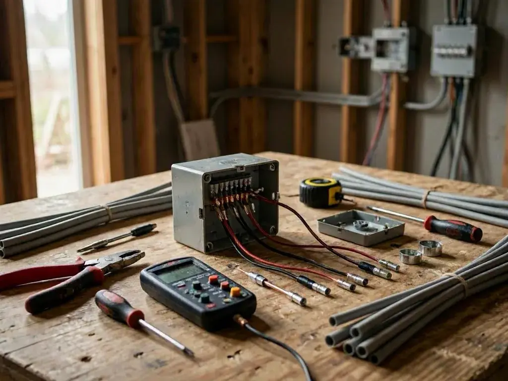 Electrical tools and wiring components arranged on a plywood workbench inside a