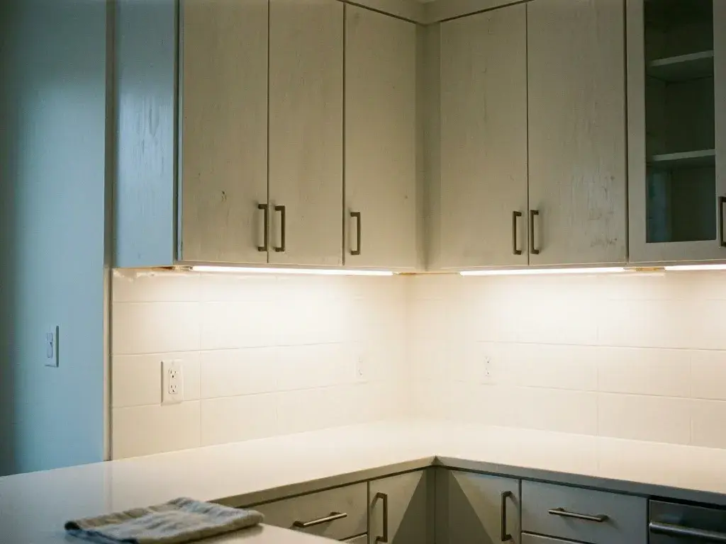 Empty kitchen corner with beige cabinets, white counters, backsplash, and