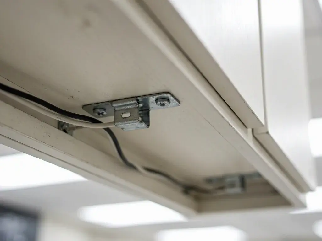 Metal bracket and black electrical wires visible beneath a cabinet in a bright