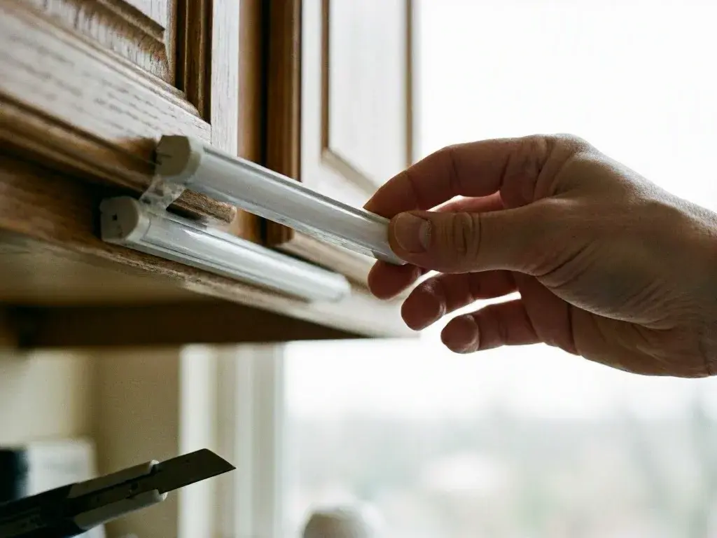 Hand removing a fluorescent tube from a wooden light fixture near a bright