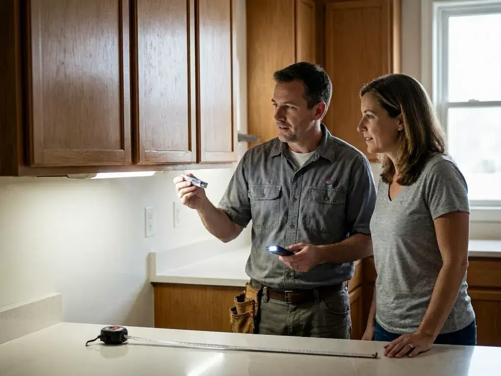 Two people inspect kitchen cabinets using a tape measure and flashlight