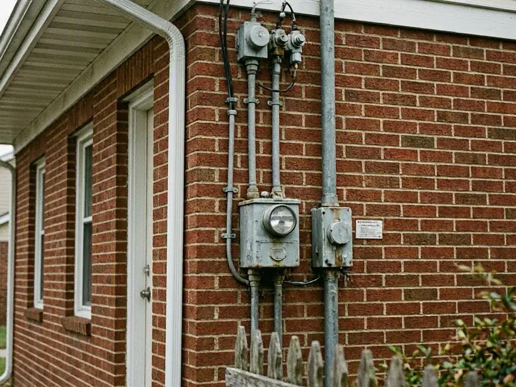 Brick house exterior with electrical meters, conduit pipes, and a small side
