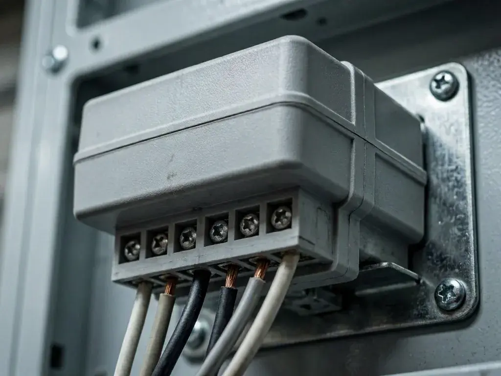 Gray electrical terminal block with connected wires inside a metal electrical