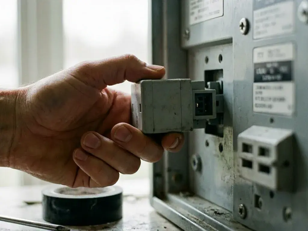 A hand plugs a gray connector into a metal machine panel near a window